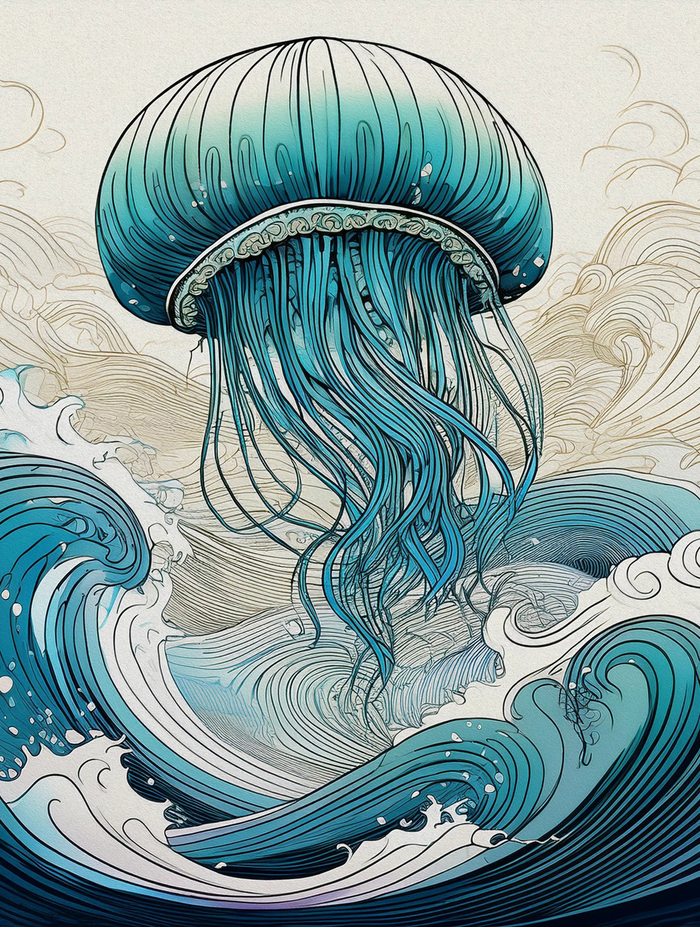 Jellyfish wall art – teal jellyfish floating in ocean waves, Hokusai-style marine life illustration