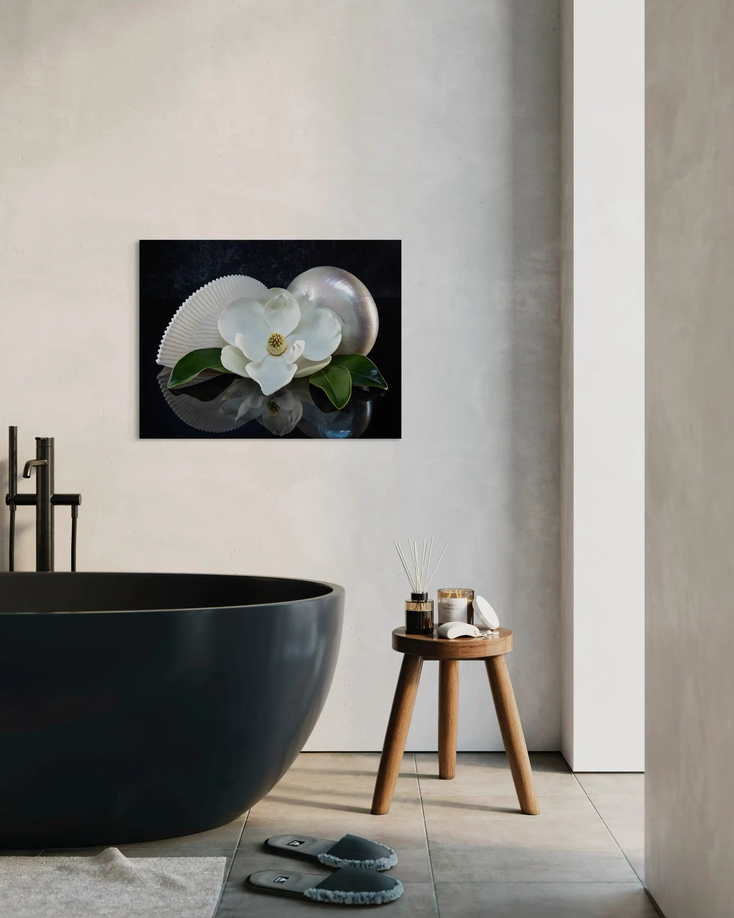 Coastal glass print of a pearl and paper nautilus with a magnolia bloom, southern charm, bathroom wall art