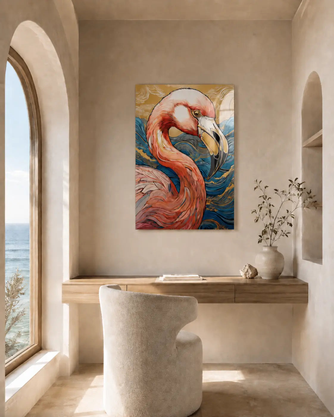 Modern coastal interior with a pink flamingo glass print on the wall, a desk, and a chair.