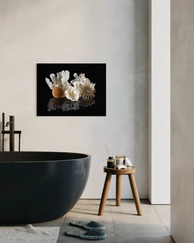 Lettuce coral, sea snail and starfish on black, Echoes of the Sea glass art-elegant bathroom decor