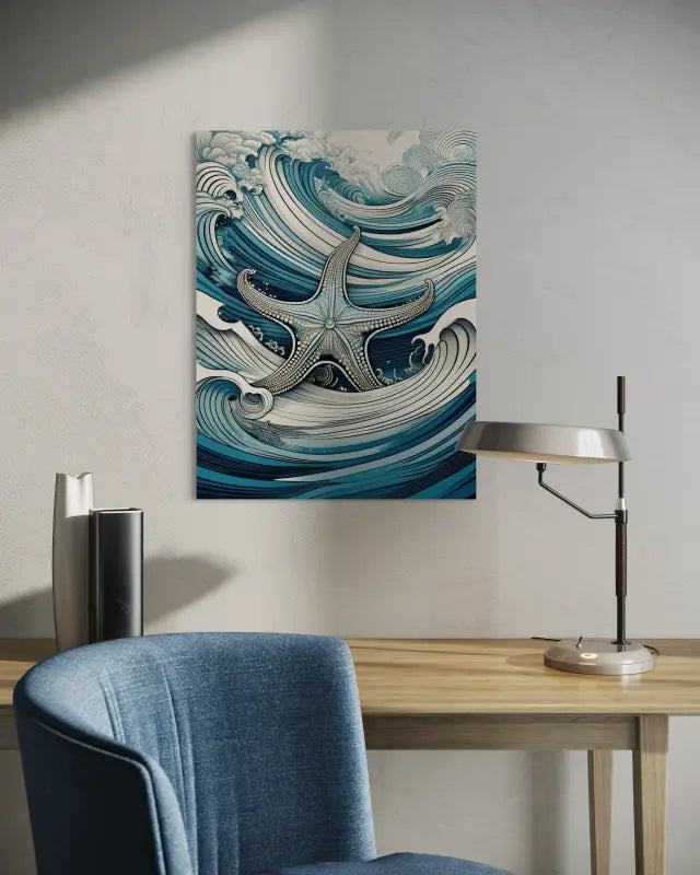 Line art starfish amid blue and emerald Hokusai-style waves on glass print-above table