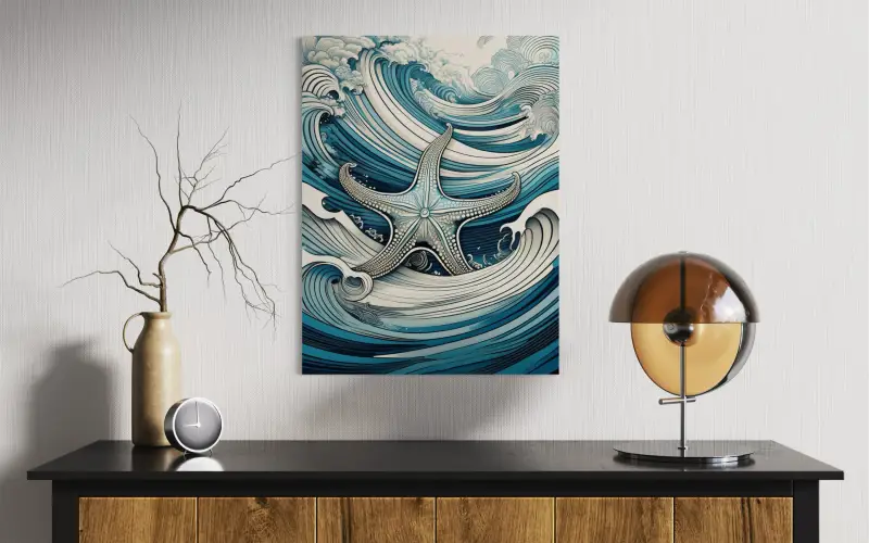 Line art starfish amid blue and emerald Hokusai-style waves on glass print-wall decor