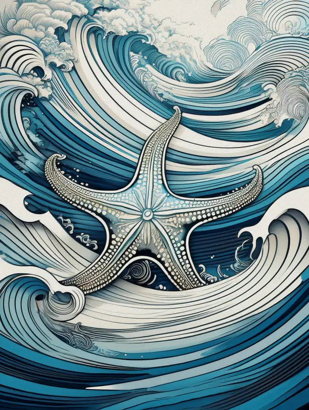 Line art starfish amid blue and emerald Hokusai-style waves on glass print.