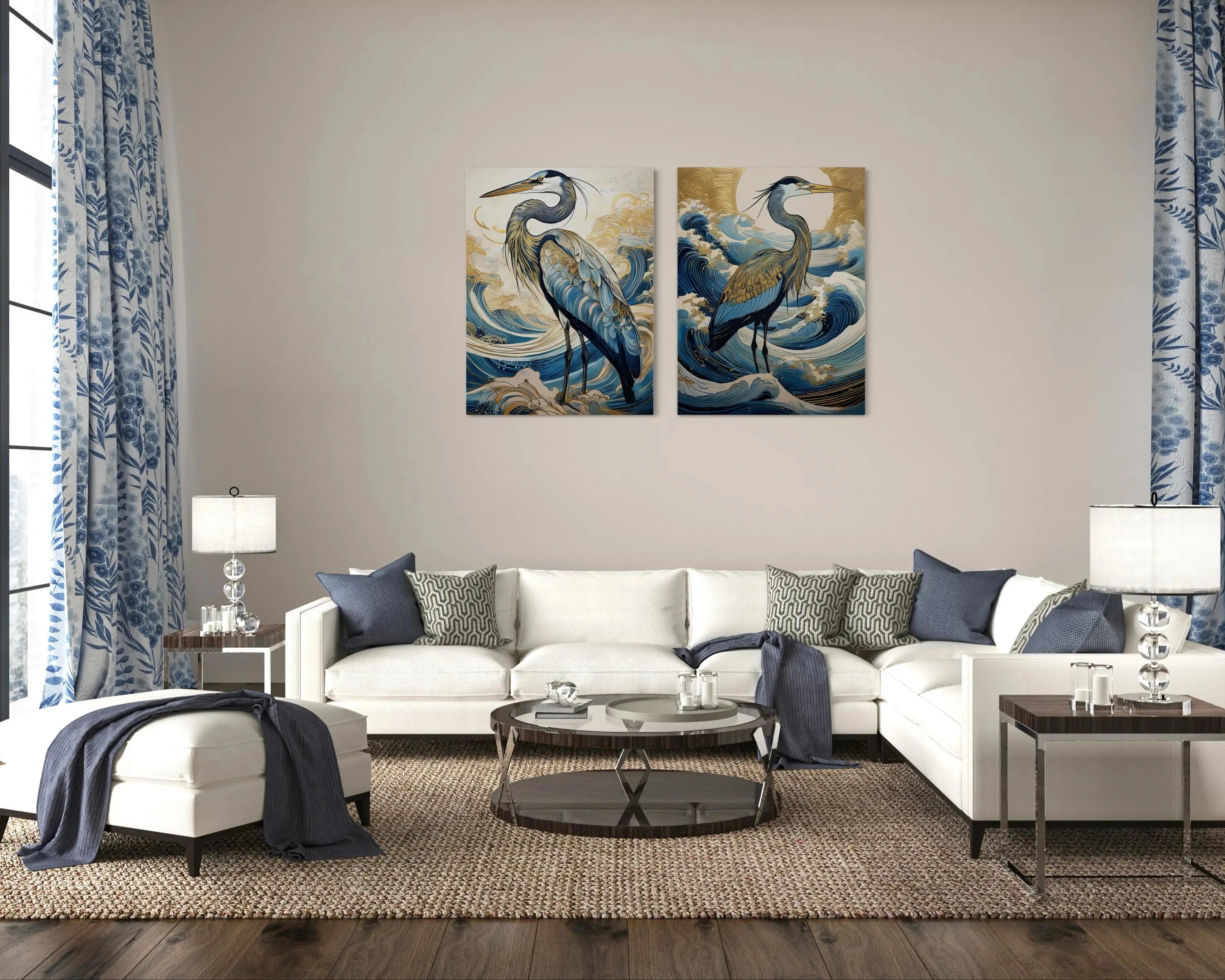 Elegant living room styled with two gold-accented Blue Heron glass prints hung above a white sectional sofa, showcasing luxury coastal décor in blue and gold tones with natural light and ocean-inspired textiles.