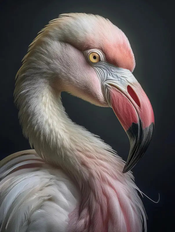 Flamingo portrait in soft pinks, grey background coastal glass art