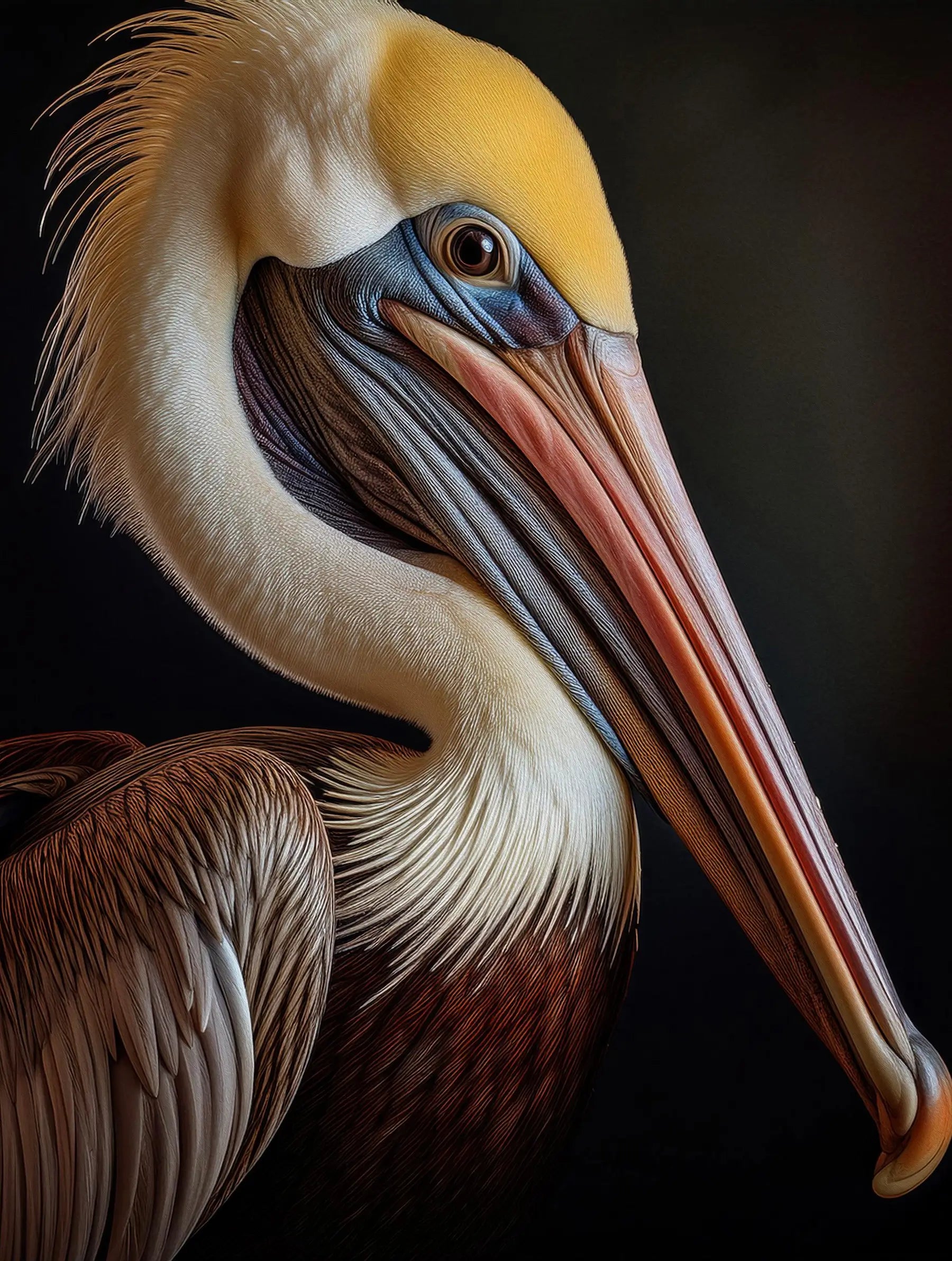 Majestic brown pelican coastal glass art print on black background.