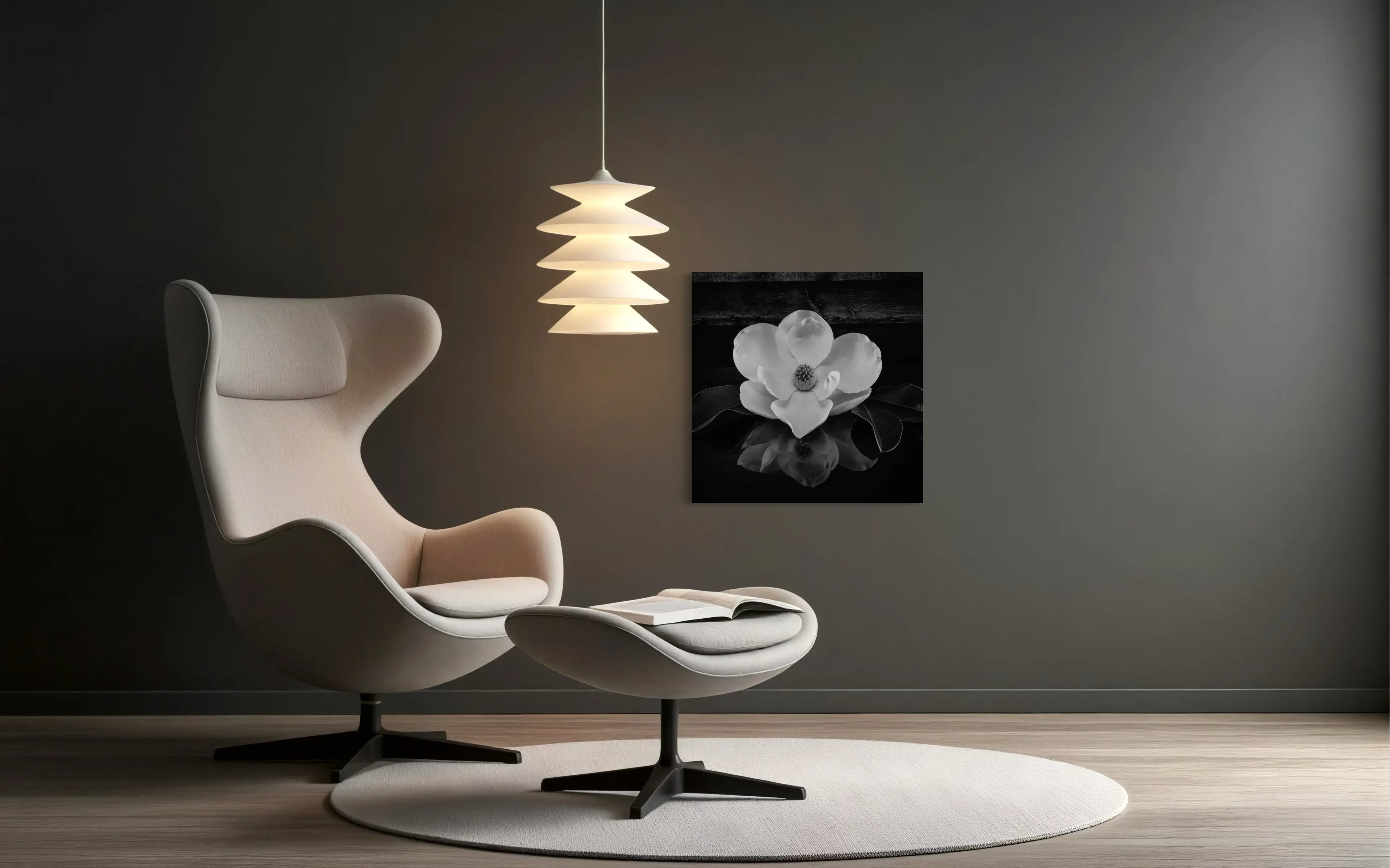 Gorgeous southern magnolia glass print in black and white, modern home decor