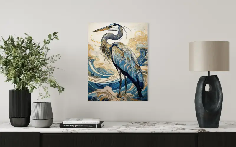 Glass print featuring a majestic Great Blue Heron with blue and gold plumage accents, set against a backdrop of dynamic, stylized waves-in modern setting.