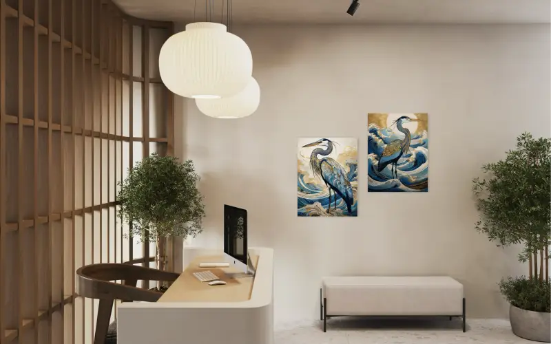Glass print featuring a majestic Great Blue Heron with blue and gold plumage accents, set against a backdrop of dynamic, stylized waves-waiting room.