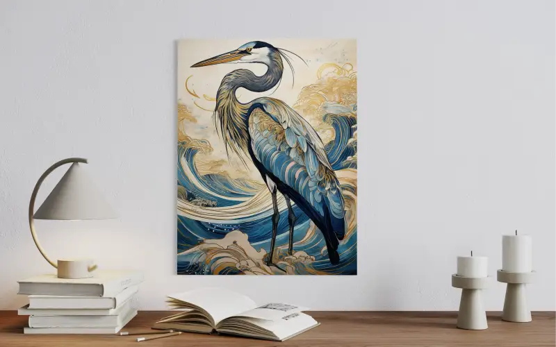 Glass print featuring a majestic Great Blue Heron with blue and gold plumage accents, set against a backdrop of dynamic, stylized waves-wall decor.