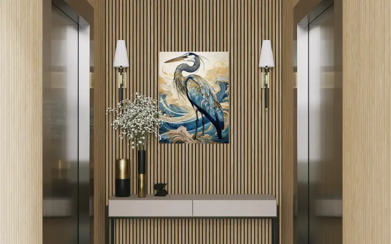 Glass print featuring a majestic Great Blue Heron with blue and gold plumage accents, set against a backdrop of dynamic, stylized waves-displayed elegant elevator area.