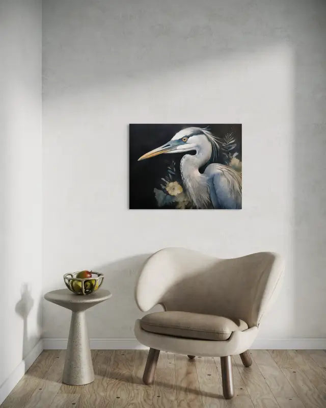 Coastal bird art glass print with great blue heron and wildflowers on dark background-coastal decor