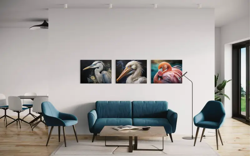 Coastal bird art glass print with great blue heron and wildflowers-displayed with other Echoes of the Sea prints