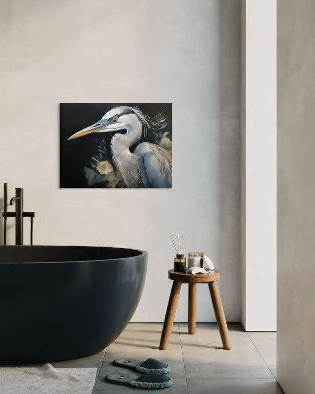 Coastal bird art glass print with great blue heron and wildflowers on dark background-bathroom