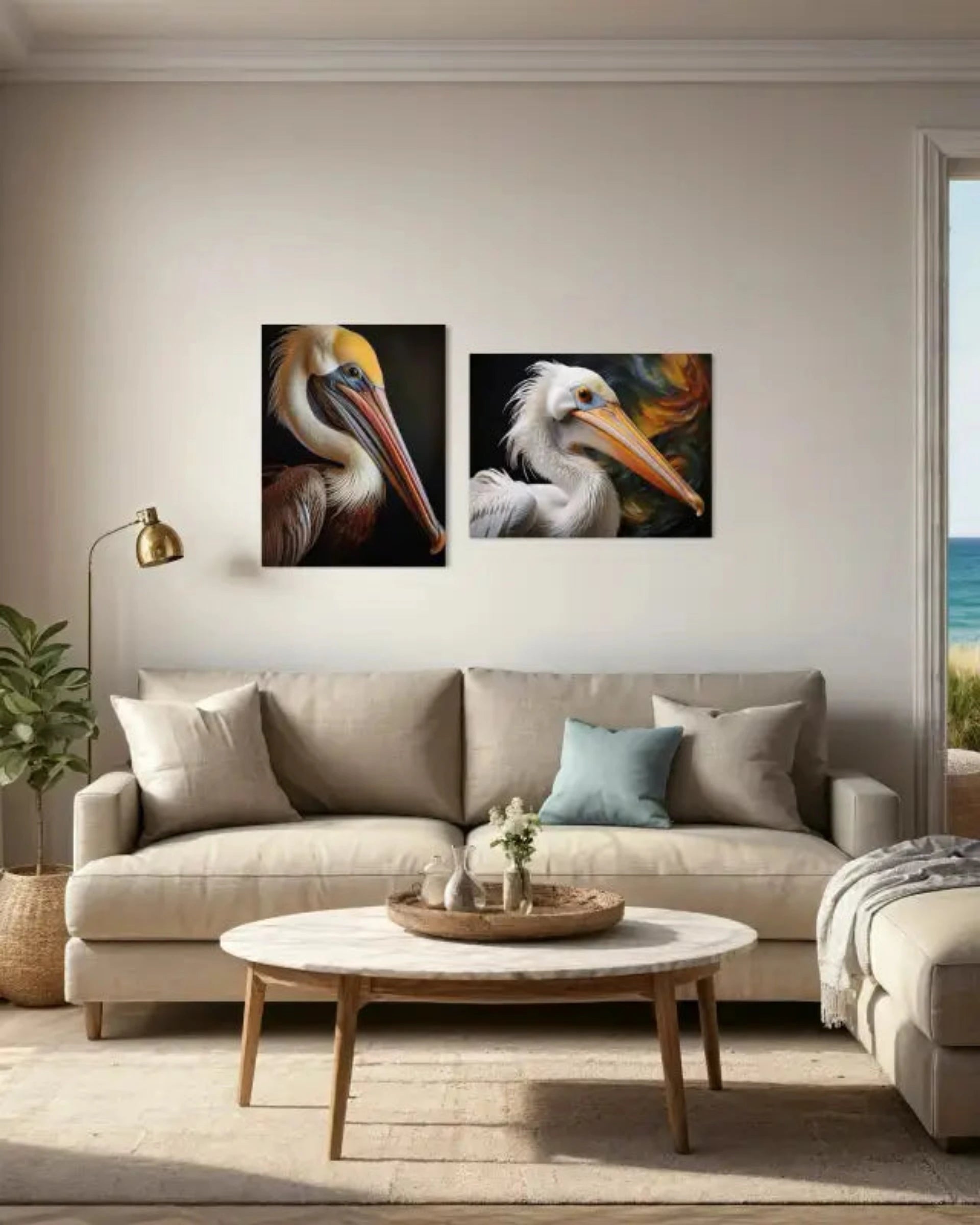 Coastal Majesty: Brown Pelican Glass Art Print, featuring a majestic brown pelican-displayed with complimentary print