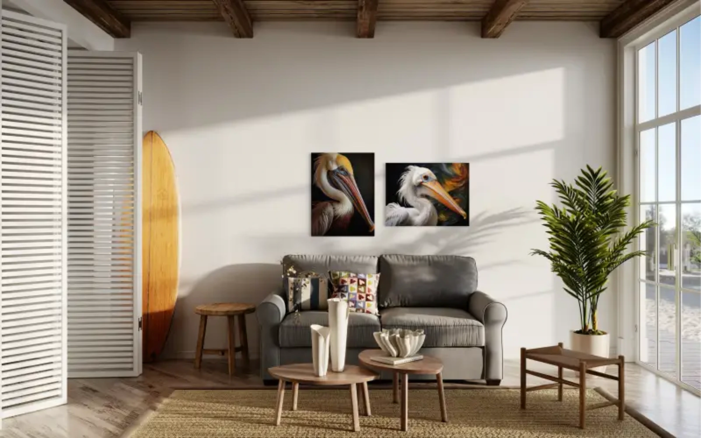 Majestic Brown Pelican Glass Artwork - Coastal Prints_displayed w complimentary print