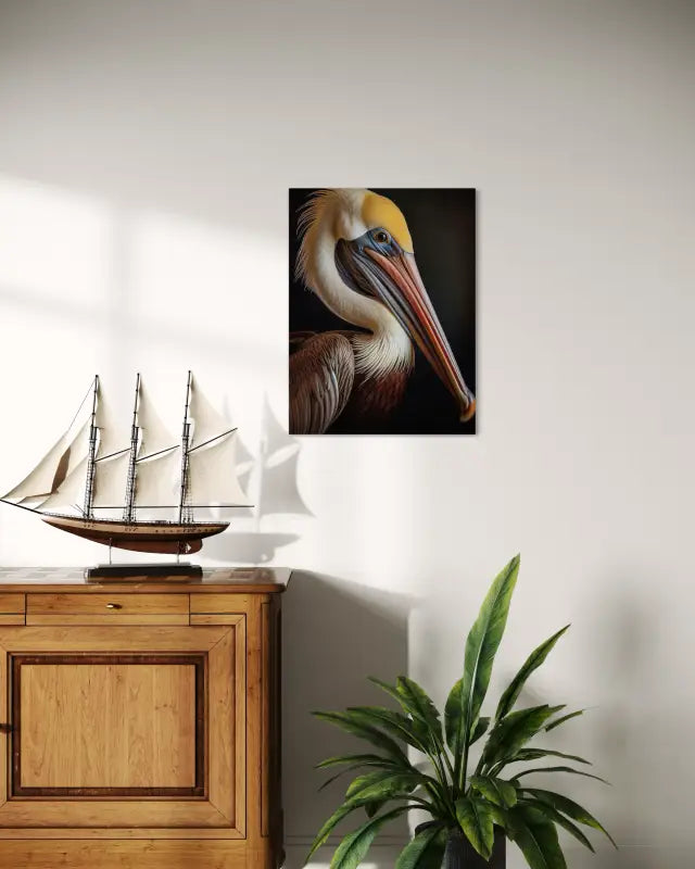 Coastal Majesty: Brown Pelican Glass Art Print from Echoes of the Sea, featuring a majestic brown pelican_wall decor