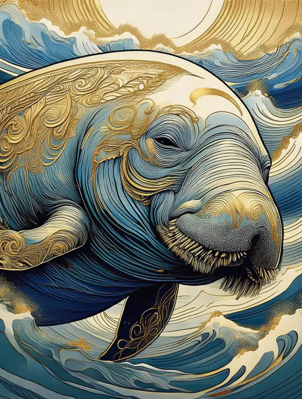 Charming Manatee Hokusai Waves Coastal Glass Print by Echoes of the Sea