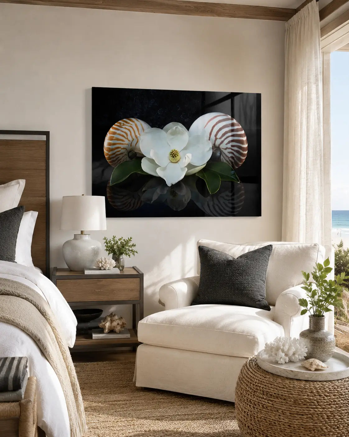 Modern coastal bedroom with a southern magnolia and nautilus glass print