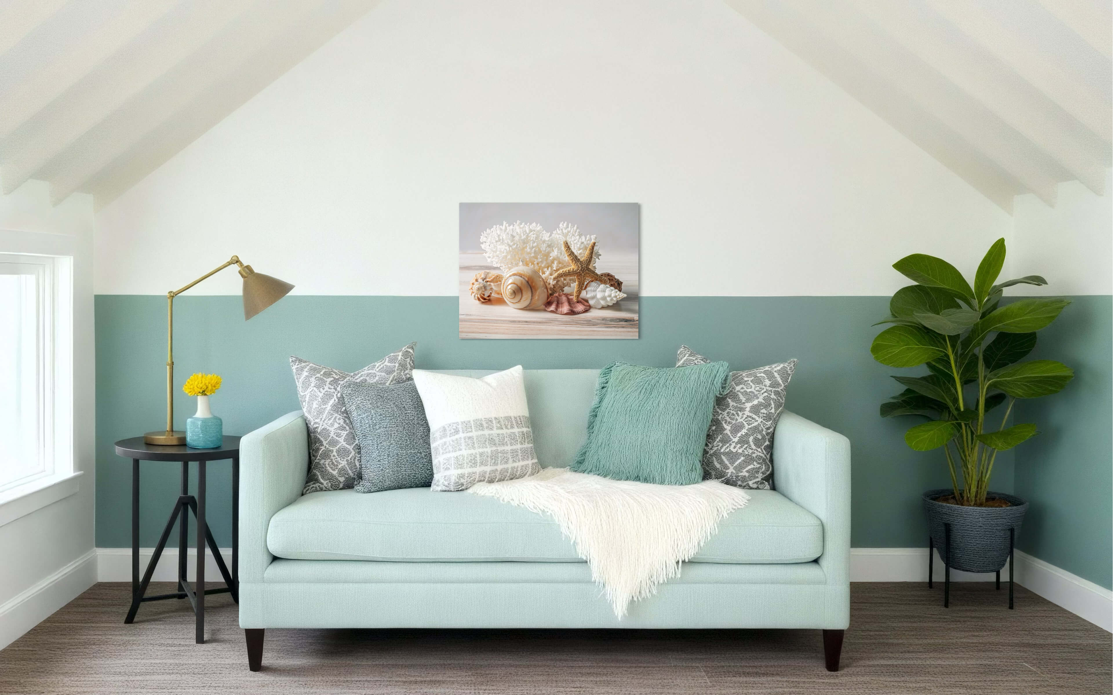 Polished moon snail shell, seashells, and lace coral on a light wooden surface, eco-friendly coastal living glass print.