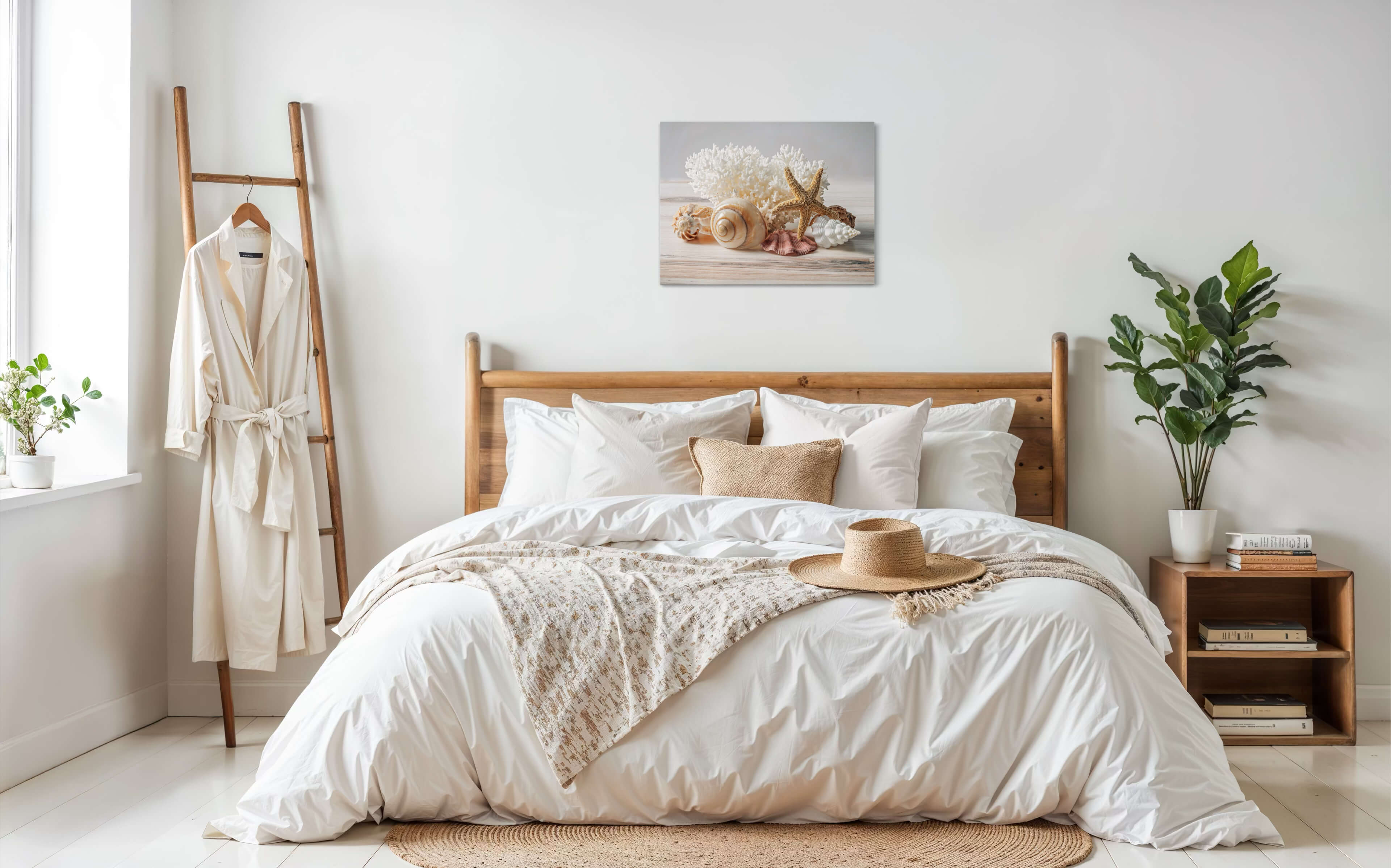 Polished moon snail shell, seashells, and lace coral on a light wooden surface, eco-friendly coastal bedroom glass print.