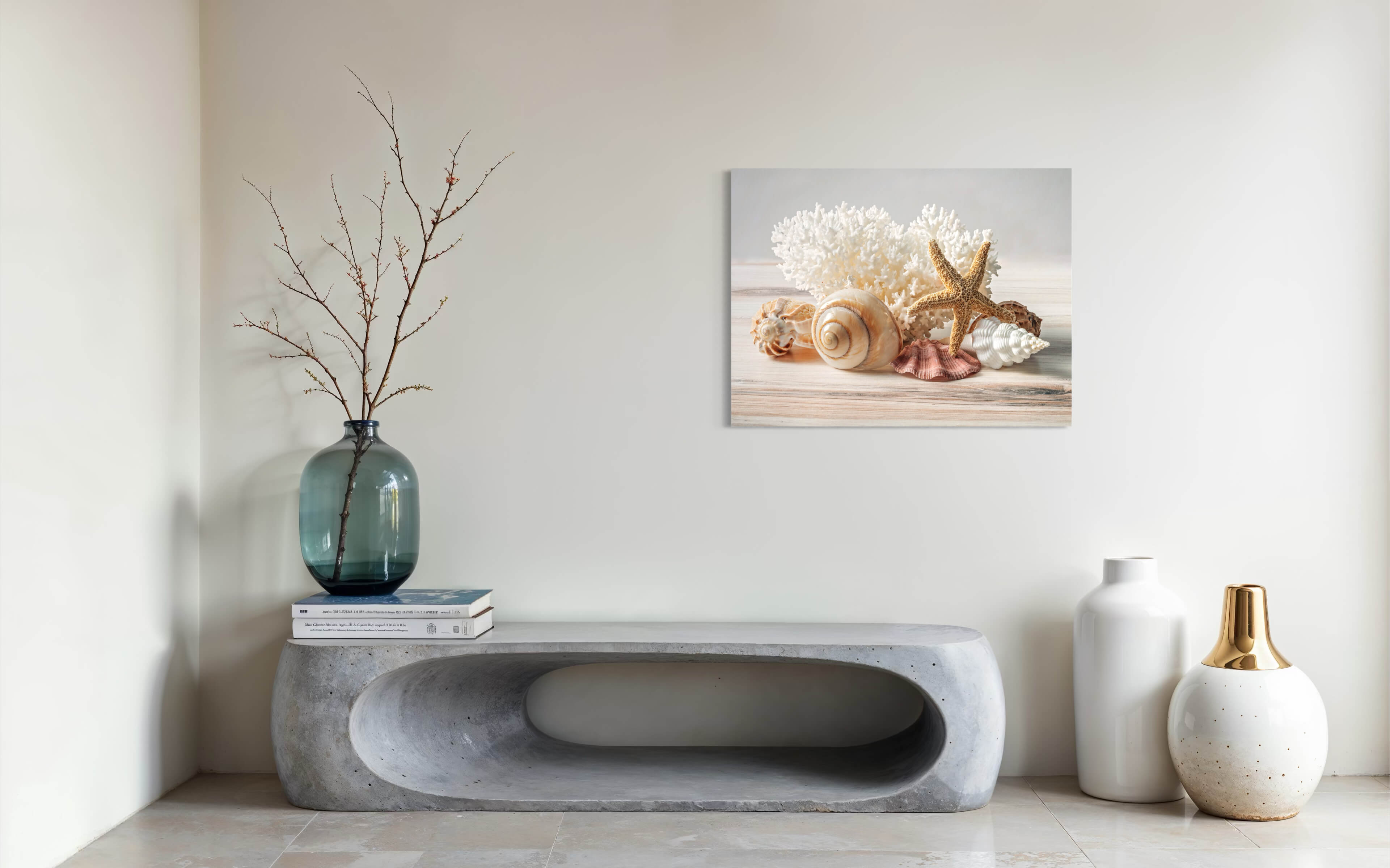 Polished moon snail shell, seashells, and lace coral on a light wooden surface, eco-friendly coastal glass print.-, modern decor