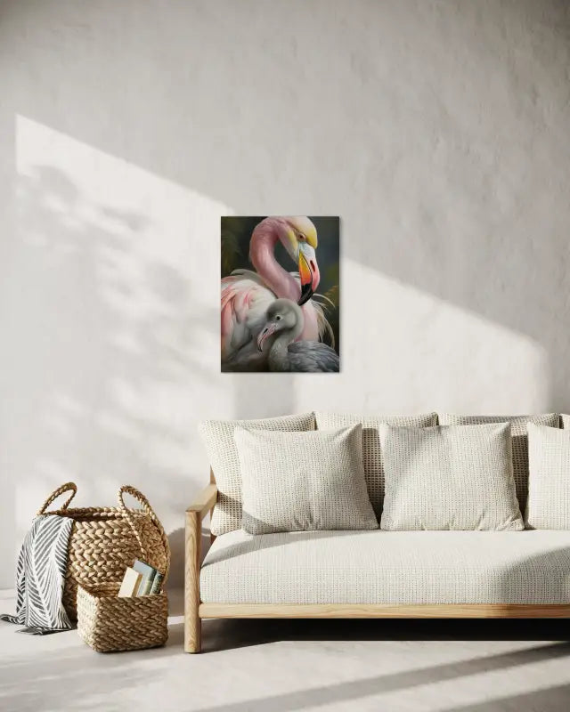 A glass print of a close-up of stylized mother and baby flamingo against a dark green background-sitting area