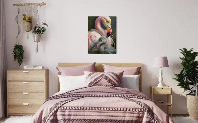 A glass print of a close-up of stylized mother and baby flamingo against a dark green background-bedroom decor