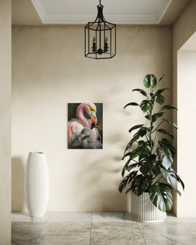 A glass print of a close-up of stylized mother and baby flamingo against a dark green background-entry way decor