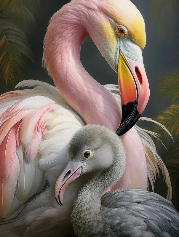 A glass print of a close-up of stylized mother and baby flamingo against a dark green background, from Echoes of the Sea.