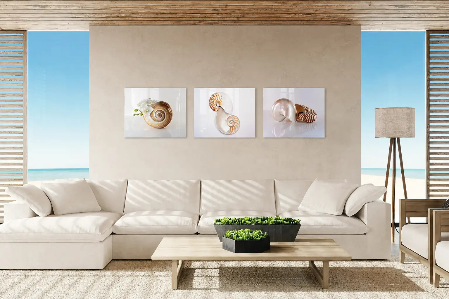 Coastal living room with shell glass print and neutral tones