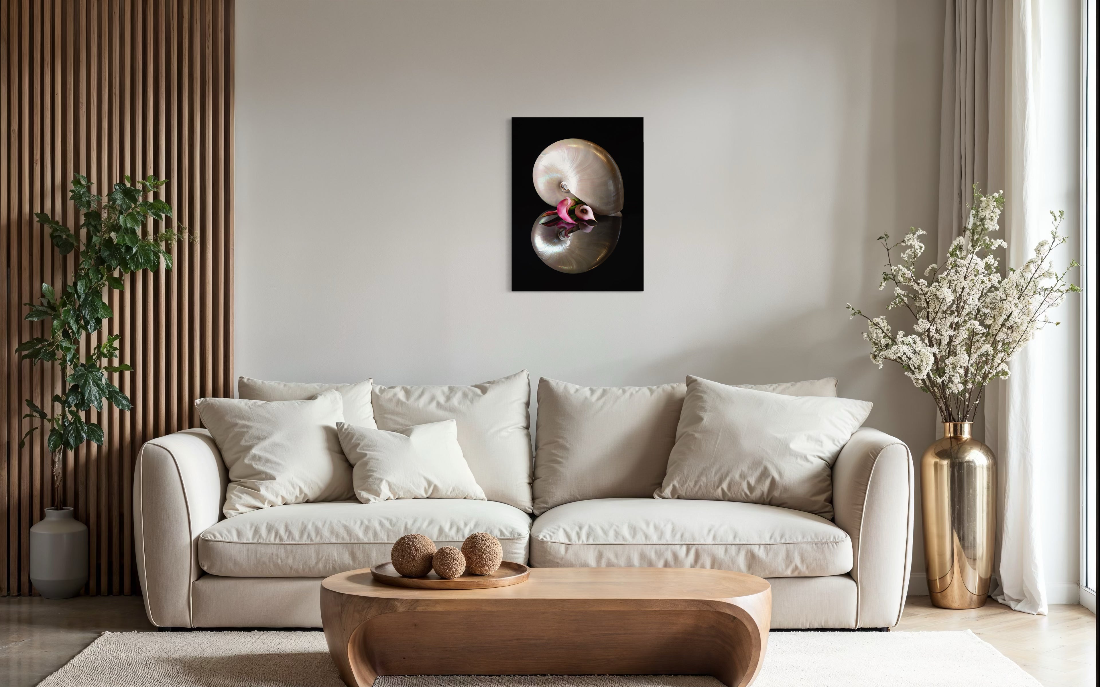 Nautilus shell and pink lilies on reflective glass, coastal wall art, living room