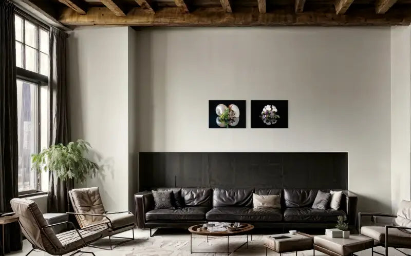 Coastal glass print featuring nautilus shell and succulents coastal living decor, paired with another print