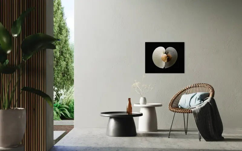 White and brown paper nautiluses forming a heart reflection on black glass, coastal seashell glass print-seating area
