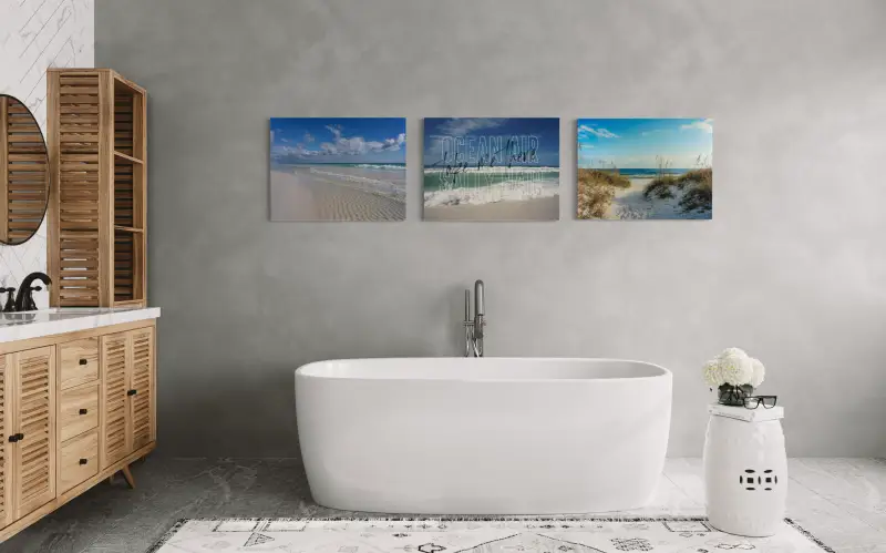 Crystal clear beach scene glass print, coastal wall art, blue skies, white sand, eco-friendly, modern bathroom gallery decor