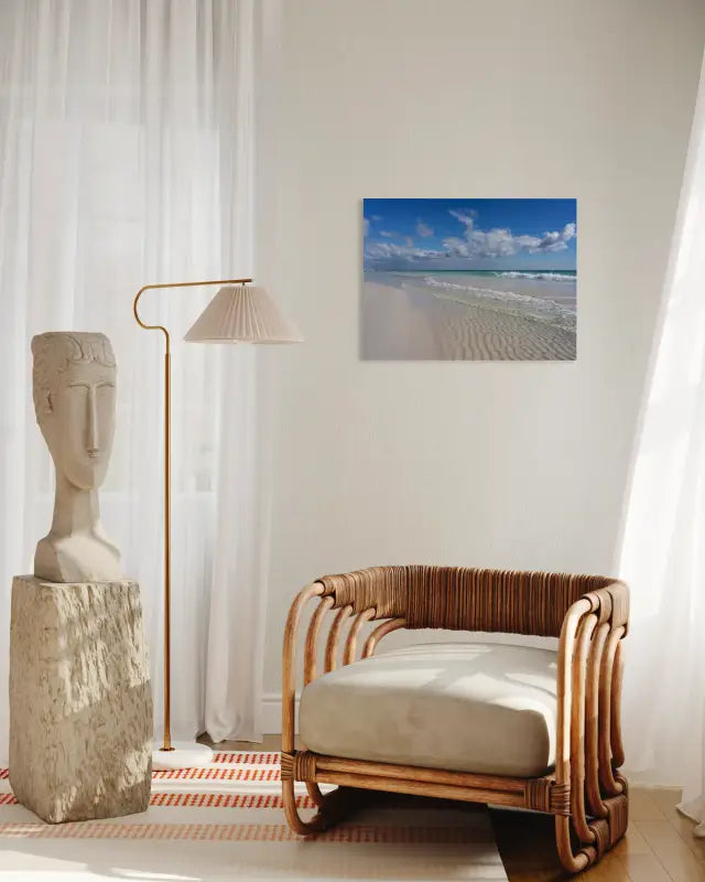 Crystal clear beach scene glass print, coastal wall art, blue skies, white sand, eco-friendly, modern home decor-sitting area