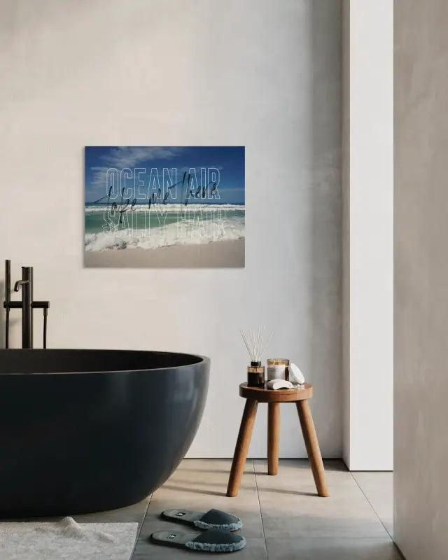 Emerald Coast waves with "Ocean Air Salty Hair" text, coastal glass print for beach bathroom decor.