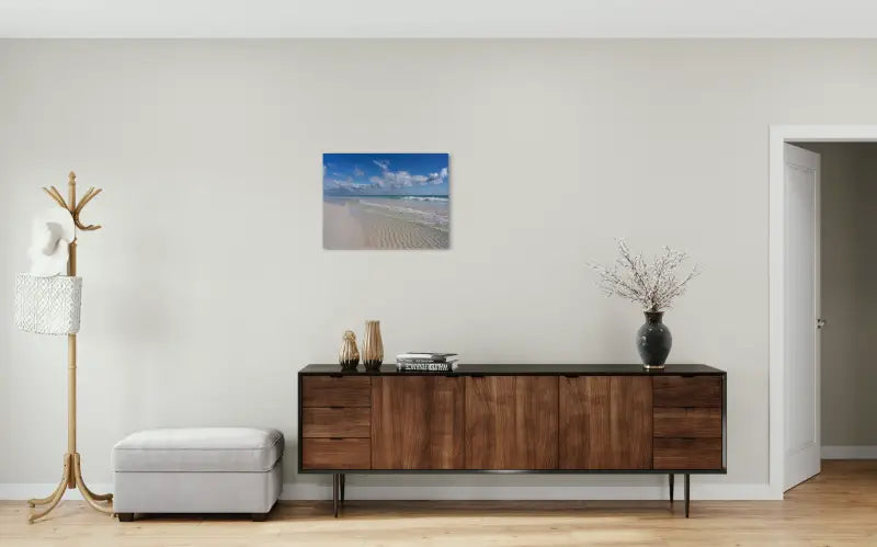 Crystal clear beach scene glass print, coastal wall art, blue skies, white sand, eco-friendly, modern home decor-coastal wall decor