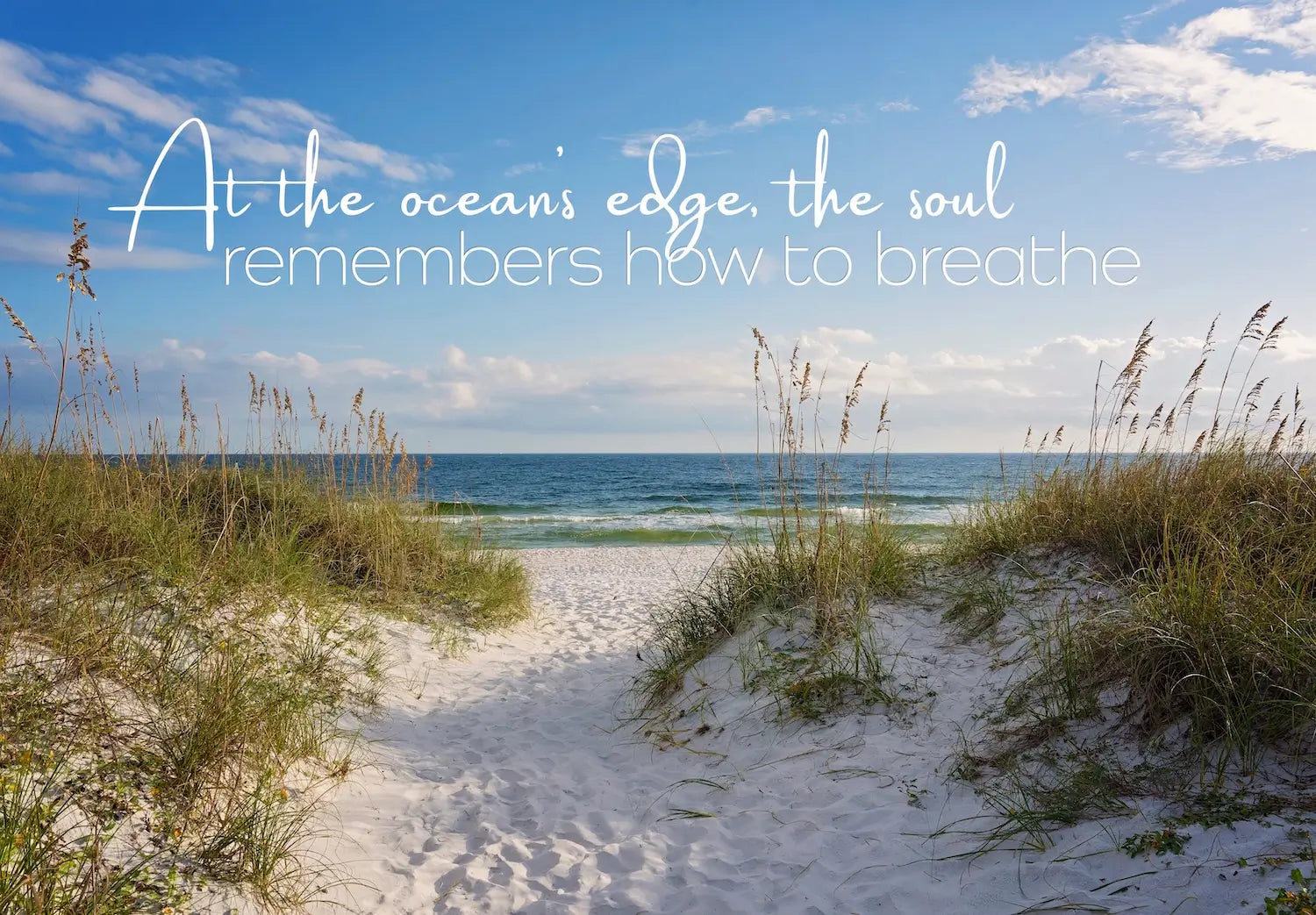 Coastal glass print with inspirational quote: At the ocean’s edge, the soul remembers how to breathe. Sandy dunes and sea oats leading to the Gulf Coast beach.