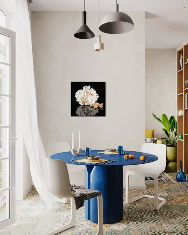 Glass print of white coral and golden starfish on black background-dining room decor