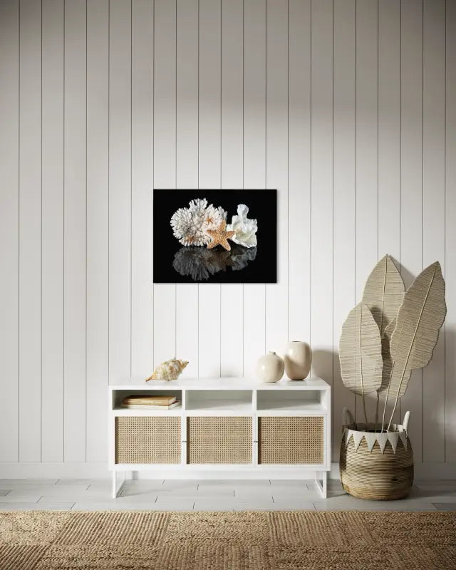 Oceanic Treasures Coastal Coral Glass Print with starfish and corals on black background, eco-friendly coastal wall art.