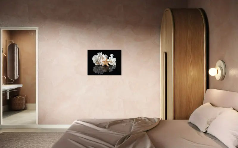 Oceanic Treasures Coastal Coral Glass Print with starfish and corals on black background, eco-friendly bedroom wall art.
