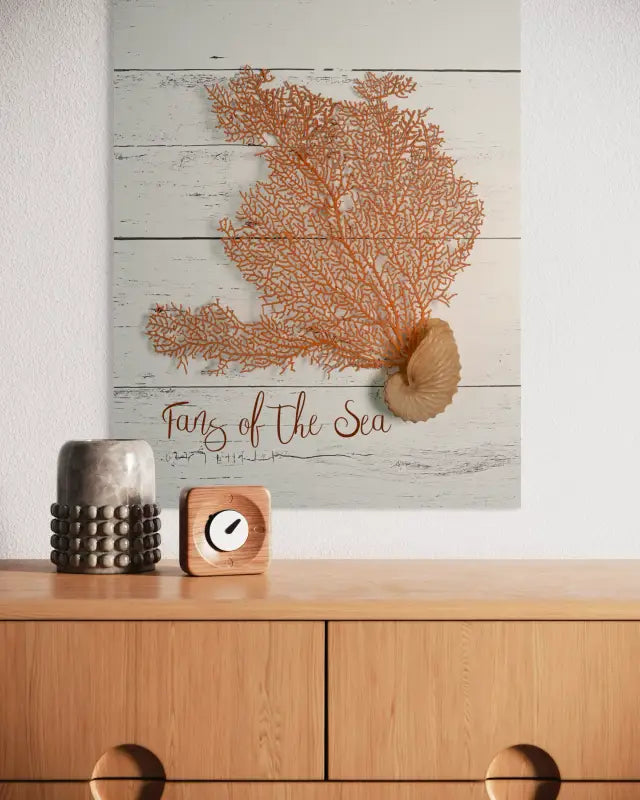 Sea fan and nautilus on white shiplap, Echoes of the Sea glass art, coastal wall decor