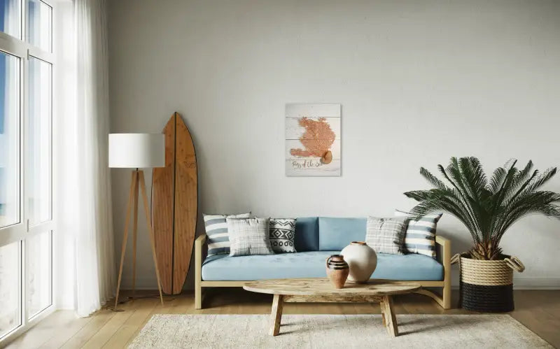 Sea fan and nautilus on white shiplap, Echoes of the Sea glass art, coastal living room decor