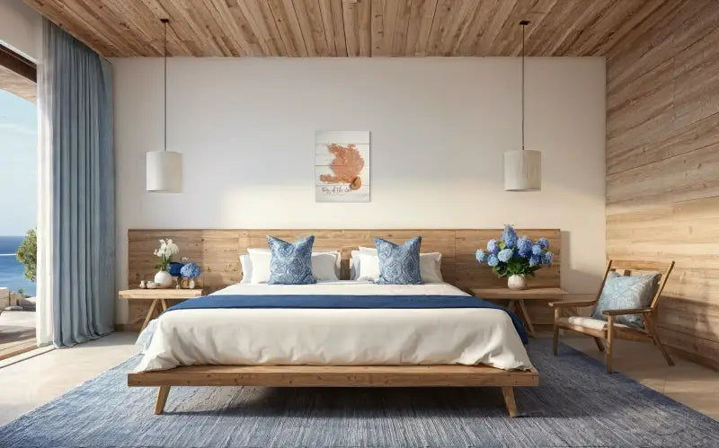 Sea fan and nautilus on white shiplap, Echoes of the Sea glass art, coastal bedroom decor