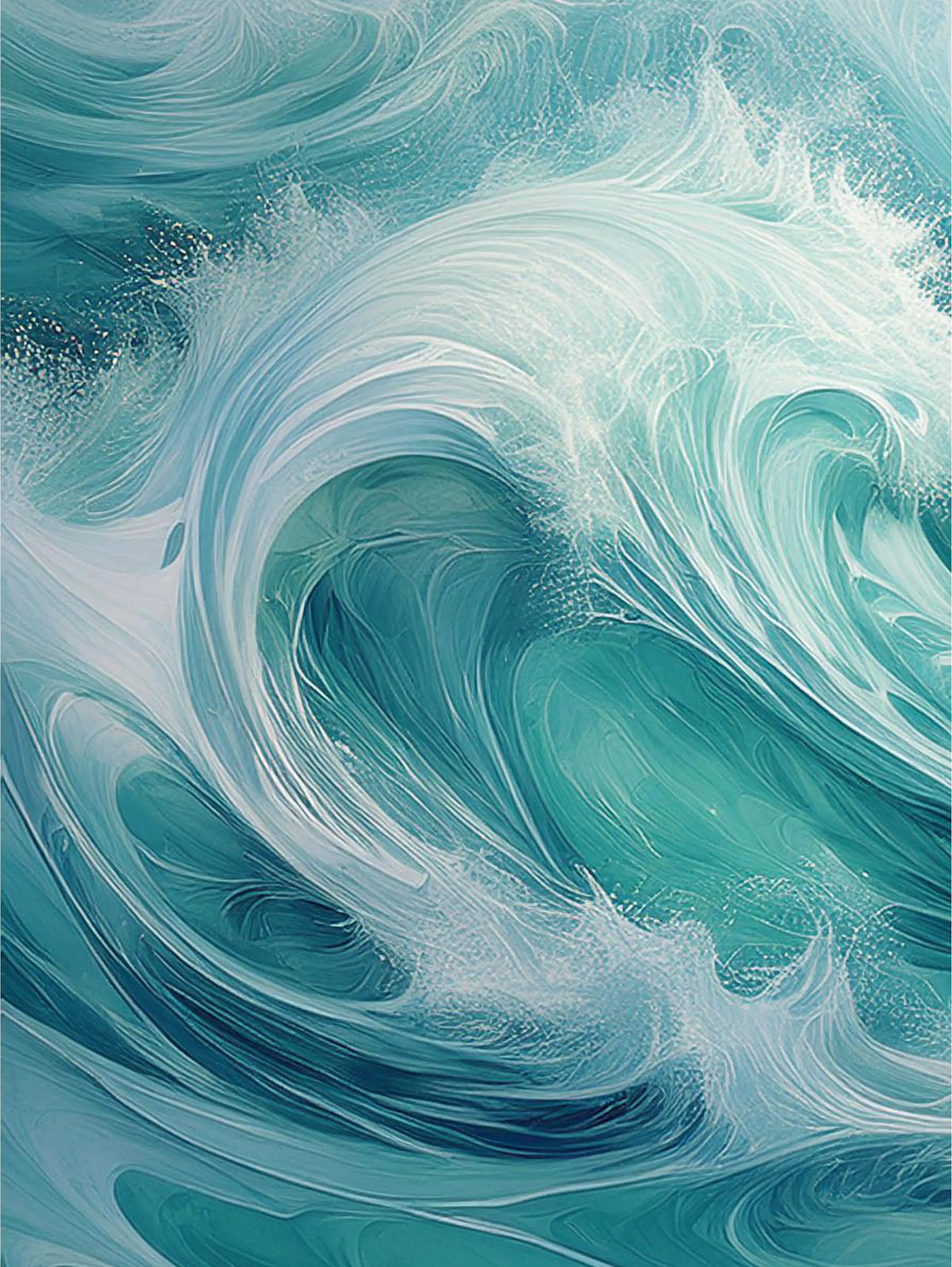 Left panel of an ocean wave triptych featuring swirling teal and white surf on frameless glass.