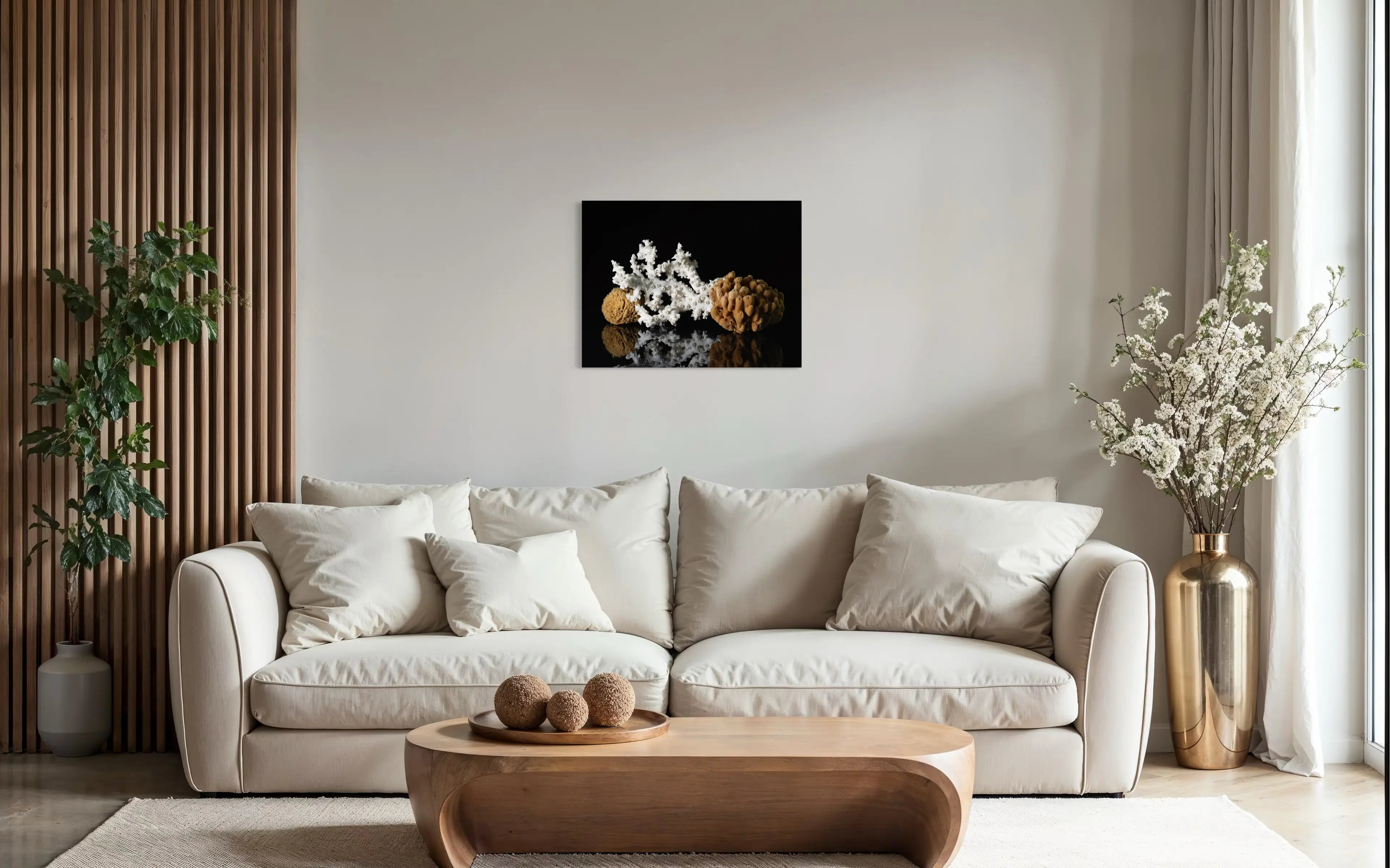 Octopus coral and sea sponge on vibrant coastal glass print, living room