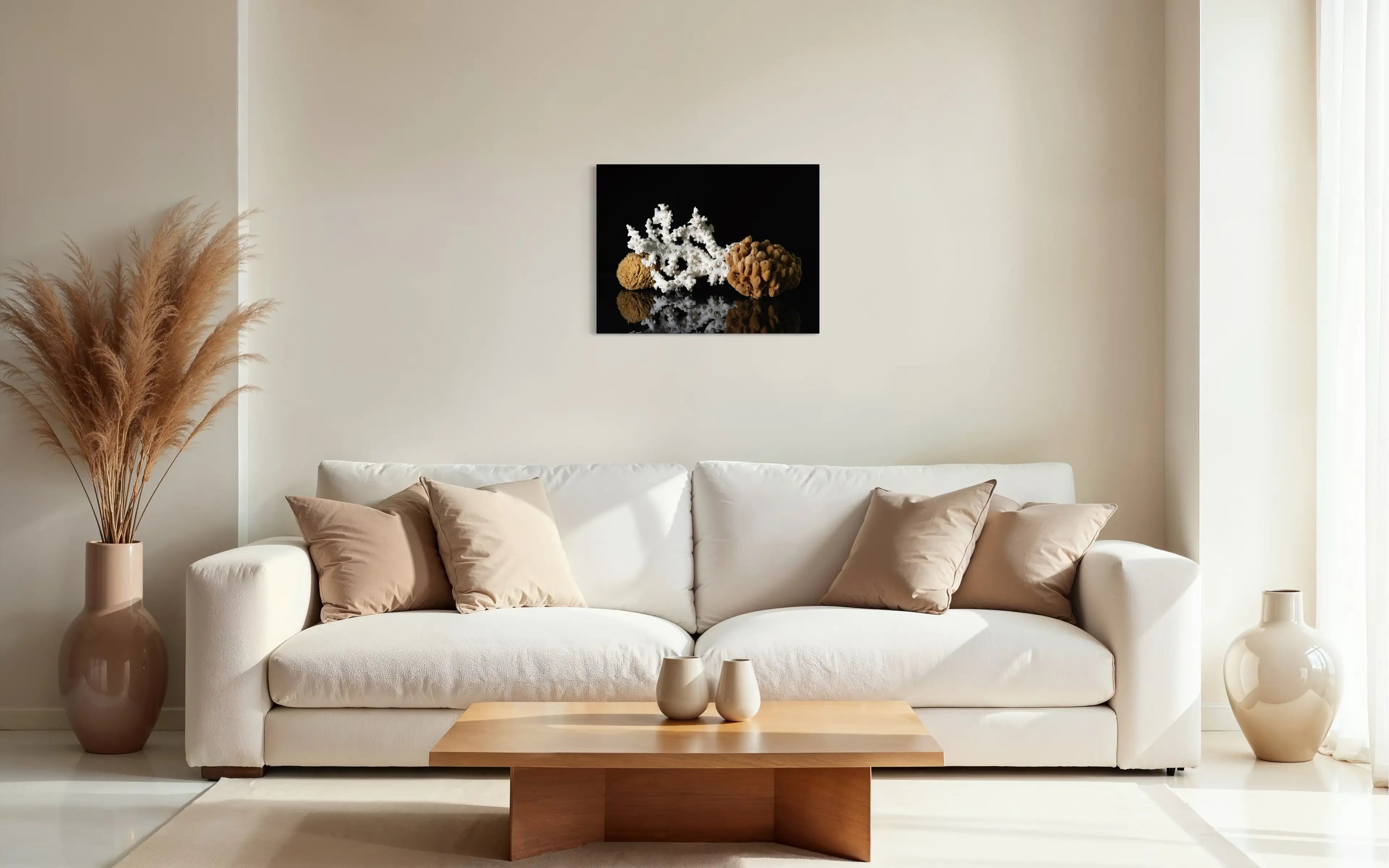 Octopus coral and sea sponge on vibrant coastal glass print, ocean wall decor