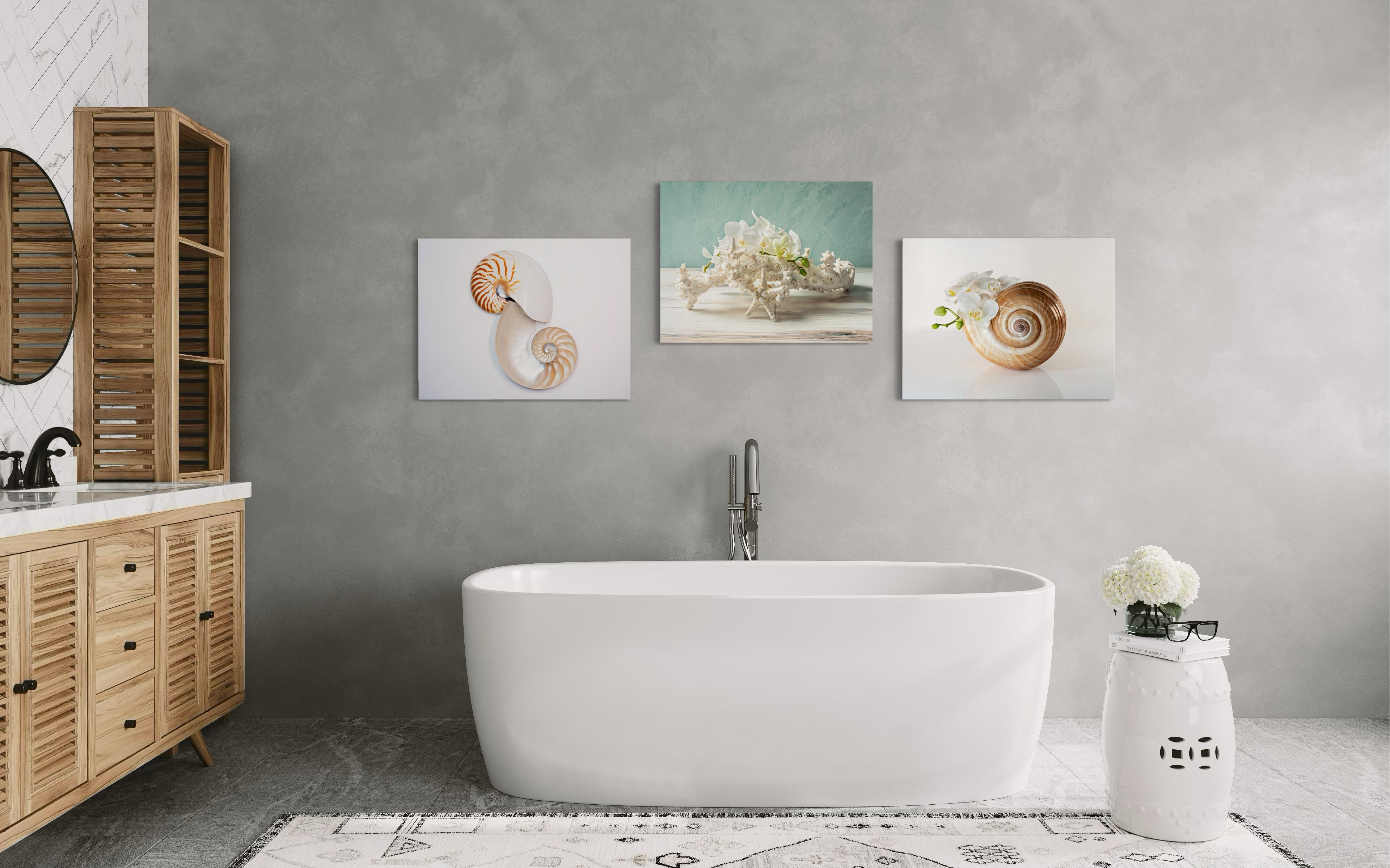 Octopus coral and white knobby starfish glass print by Echoes of the Sea, displayed with 2 other prints