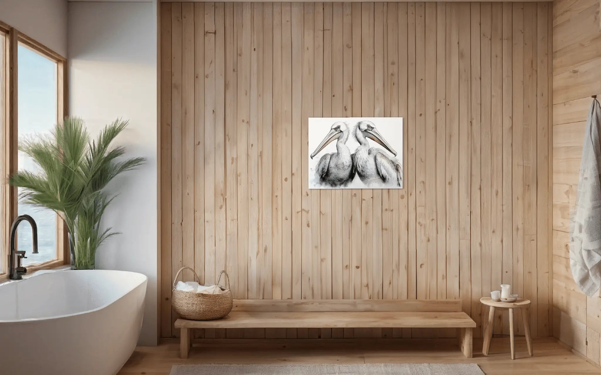 Glass print of pair of Dalmatian Pelicans in a coastal bathroom